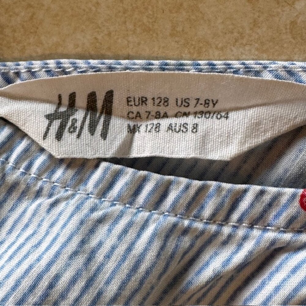 H&M Blue Pinstripe Strawberry Dress sz 7/8 - Picture 4 of 8
